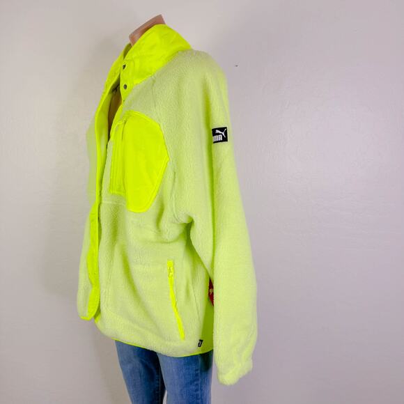 Puma Sherpa Fleece Jacket w/ Woven Pocket Neon Yellow Green Winter Active XL NWT - Picture 4 of 10